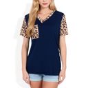 Blue Large V-Neck Leopard Print Pocket Tee with Contrast Sleeves Casual Relaxed Fit for Everyday Comfort