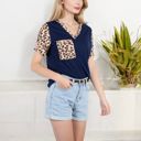 Blue Large V-Neck Leopard Print Pocket Tee with Contrast Sleeves Casual Relaxed Fit for Everyday Comfort