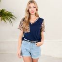 Blue Large V-Neck Leopard Print Pocket Tee with Contrast Sleeves Casual Relaxed Fit for Everyday Comfort