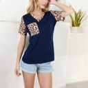 Blue Large V-Neck Leopard Print Pocket Tee with Contrast Sleeves Casual Relaxed Fit for Everyday Comfort