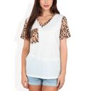 White Large V-Neck Leopard Print Pocket Tee with Contrast Sleeves Casual Relaxed Fit for Everyday Comfort