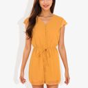 Yellow Large Clip Chiffon Button Down Detail Gathered Waist Short Flutter Sleeve Romper