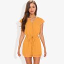 Yellow Large Clip Chiffon Button Down Detail Gathered Waist Short Flutter Sleeve Romper