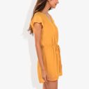 Yellow Medium Clip Chiffon Button Down Detail Gathered Waist Short Flutter Sleeve Romper