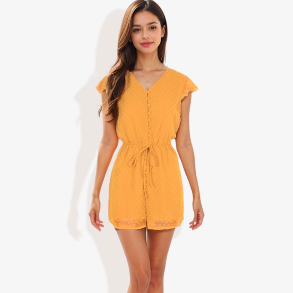 Clip Chiffon Button Down Detail Gathered Waist Short Flutter Sleeve Romper