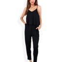 Black Large Spaghetti Strap Jumpsuit with Layered Bodice and Elastic Waist with Side Pockets