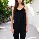 Black Large Spaghetti Strap Jumpsuit with Layered Bodice and Elastic Waist with Side Pockets