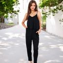 Black Large Spaghetti Strap Jumpsuit with Layered Bodice and Elastic Waist with Side Pockets