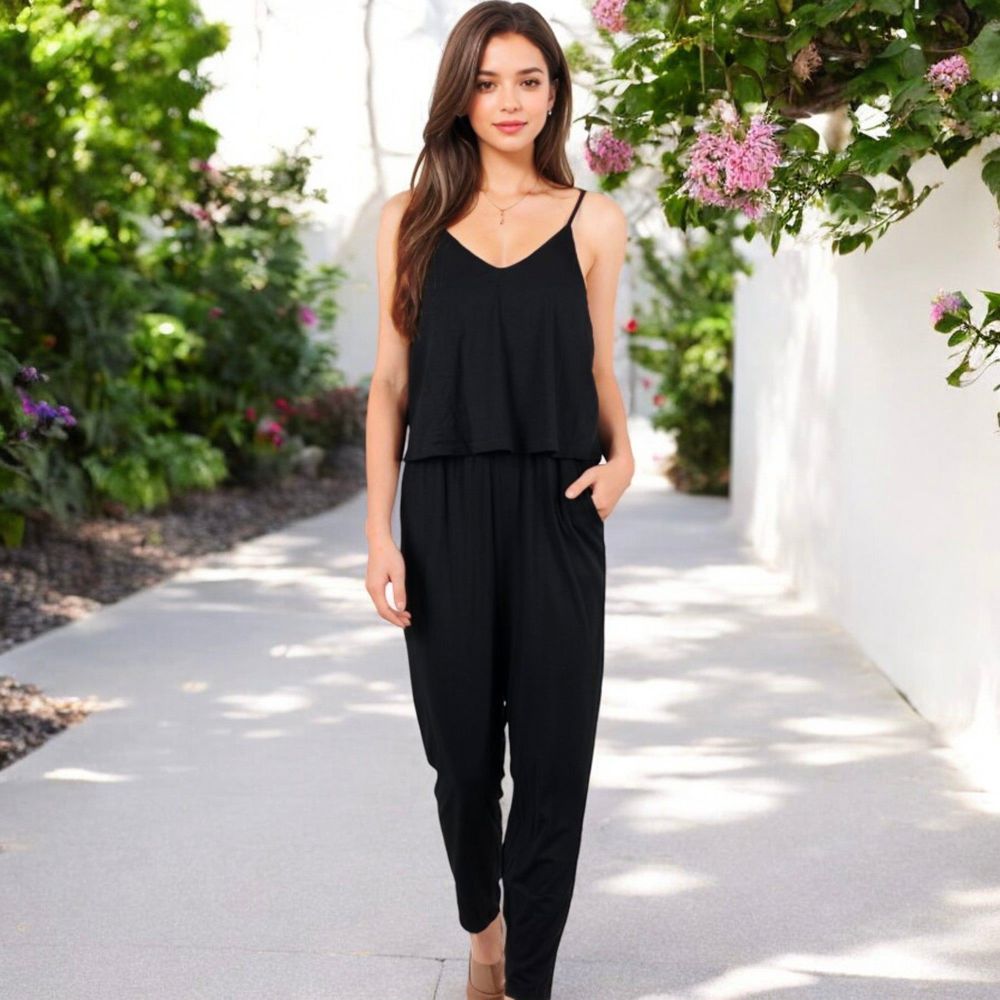 Spaghetti Strap Jumpsuit with Layered Bodice and Elastic Waist with Side Pockets