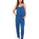 Blue Large Spaghetti Strap Jumpsuit with Layered Bodice and Elastic Waist with Side Pockets