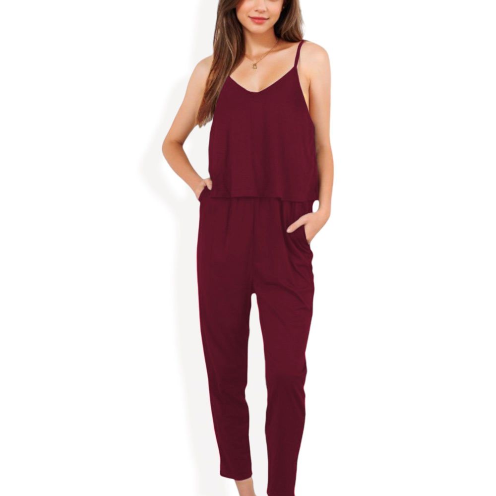 Spaghetti Strap Jumpsuit with Layered Bodice and Elastic Waist with Side Pockets