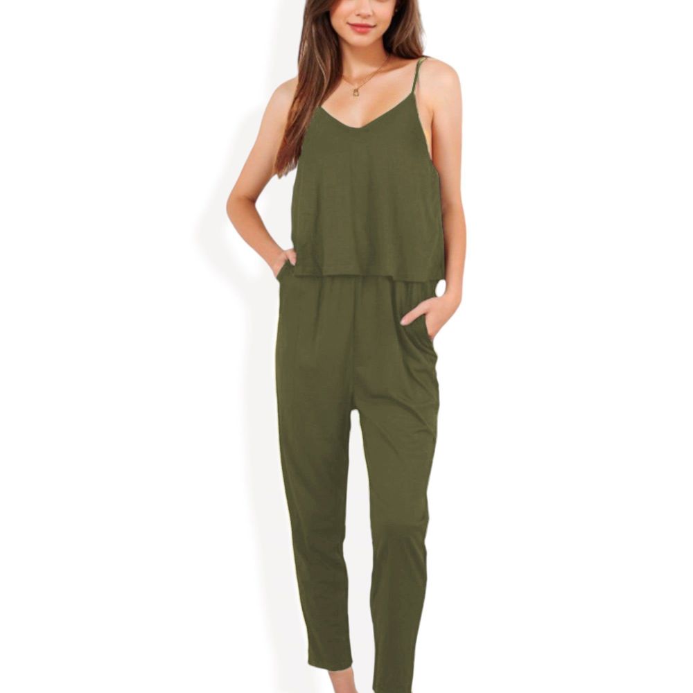 Spaghetti Strap Jumpsuit with Layered Bodice and Elastic Waist with Side Pockets