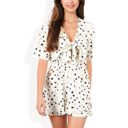  Polka Dot Short Sleeve Tie Front Romper with Elastic Waist