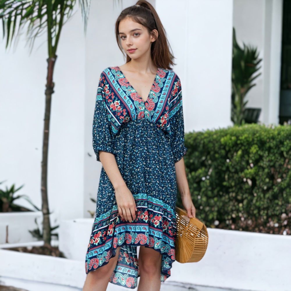 Mixed Print Asymmetrical Hem Dress