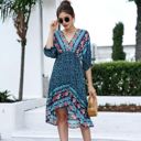 Blue Medium Mixed Print Asymmetrical Hem Dress