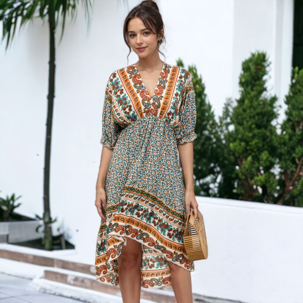 Mixed Print Asymmetrical Hem Dress