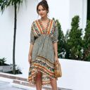 Green Large Mixed Print Asymmetrical Hem Dress