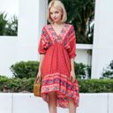 Red Large Mixed Print Asymmetrical Hem Dress