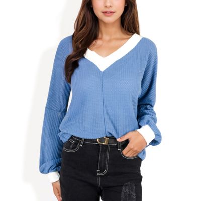 V-Neck Waffle Knit Long Sleeve Top with Contrast Trim and Relaxed Fit