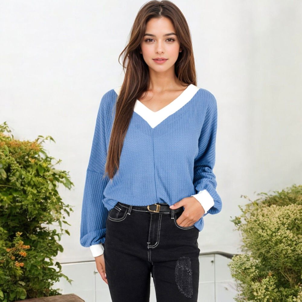 V-Neck Waffle Knit Long Sleeve Top with Contrast Trim and Relaxed Fit