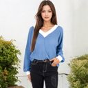  V-Neck Waffle Knit Long Sleeve Top with Contrast Trim and Relaxed Fit