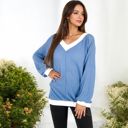  V-Neck Waffle Knit Long Sleeve Top with Contrast Trim and Relaxed Fit