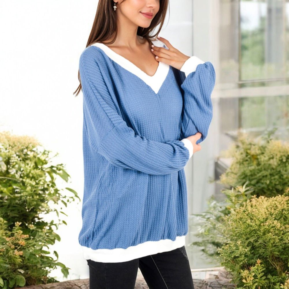 V-Neck Waffle Knit Long Sleeve Top with Contrast Trim and Relaxed Fit