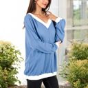  V-Neck Waffle Knit Long Sleeve Top with Contrast Trim and Relaxed Fit