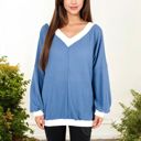  V-Neck Waffle Knit Long Sleeve Top with Contrast Trim and Relaxed Fit