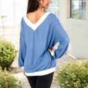  V-Neck Waffle Knit Long Sleeve Top with Contrast Trim and Relaxed Fit