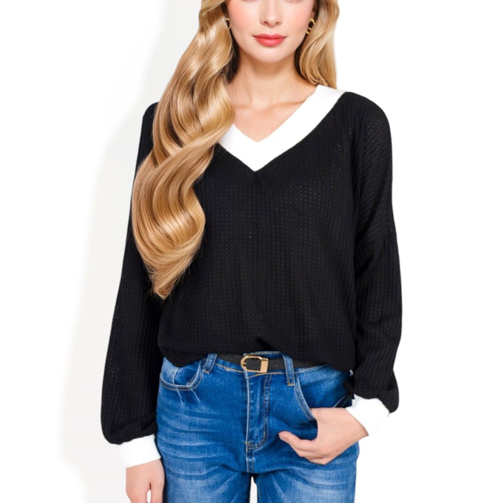 V-Neck Waffle Knit Long Sleeve Top with Contrast Trim and Relaxed Fit