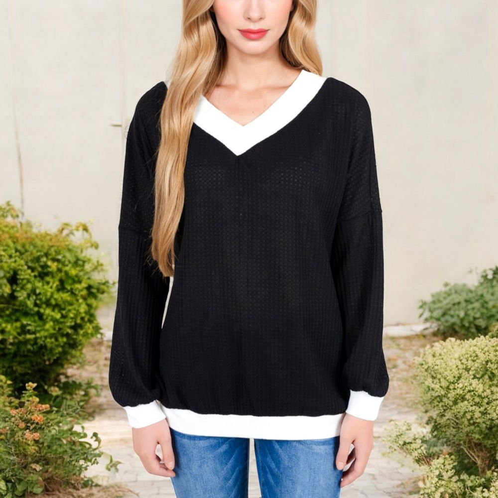 V-Neck Waffle Knit Long Sleeve Top with Contrast Trim and Relaxed Fit