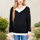 Black Large V-Neck Waffle Knit Long Sleeve Top with Contrast Trim and Relaxed Fit