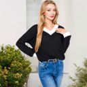 Black Large V-Neck Waffle Knit Long Sleeve Top with Contrast Trim and Relaxed Fit