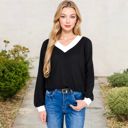 Black Large V-Neck Waffle Knit Long Sleeve Top with Contrast Trim and Relaxed Fit