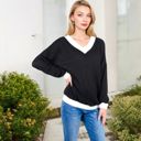 Black Large V-Neck Waffle Knit Long Sleeve Top with Contrast Trim and Relaxed Fit