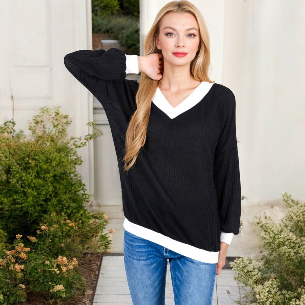 V-Neck Waffle Knit Long Sleeve Top with Contrast Trim and Relaxed Fit