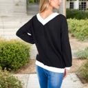 Black Large V-Neck Waffle Knit Long Sleeve Top with Contrast Trim and Relaxed Fit