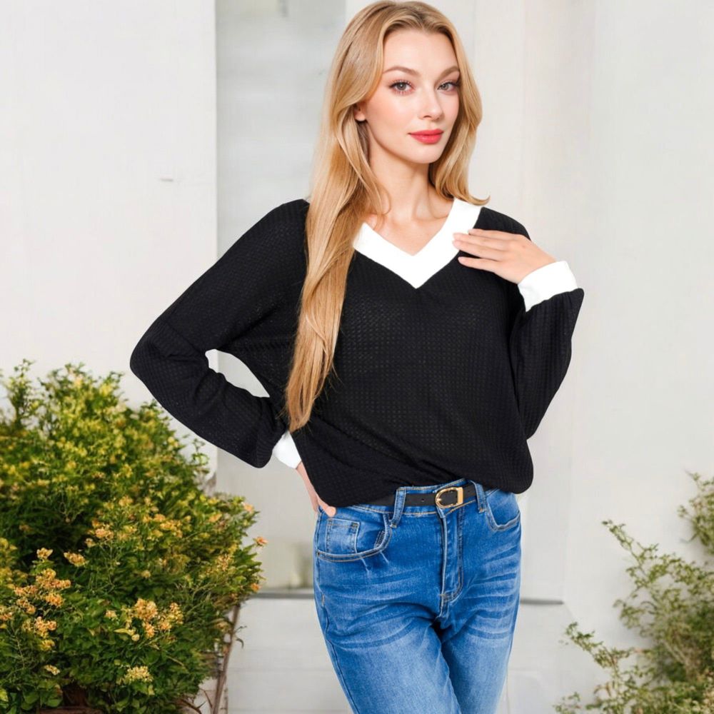 V-Neck Waffle Knit Long Sleeve Top with Contrast Trim and Relaxed Fit