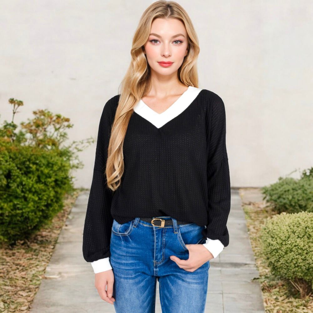 V-Neck Waffle Knit Long Sleeve Top with Contrast Trim and Relaxed Fit