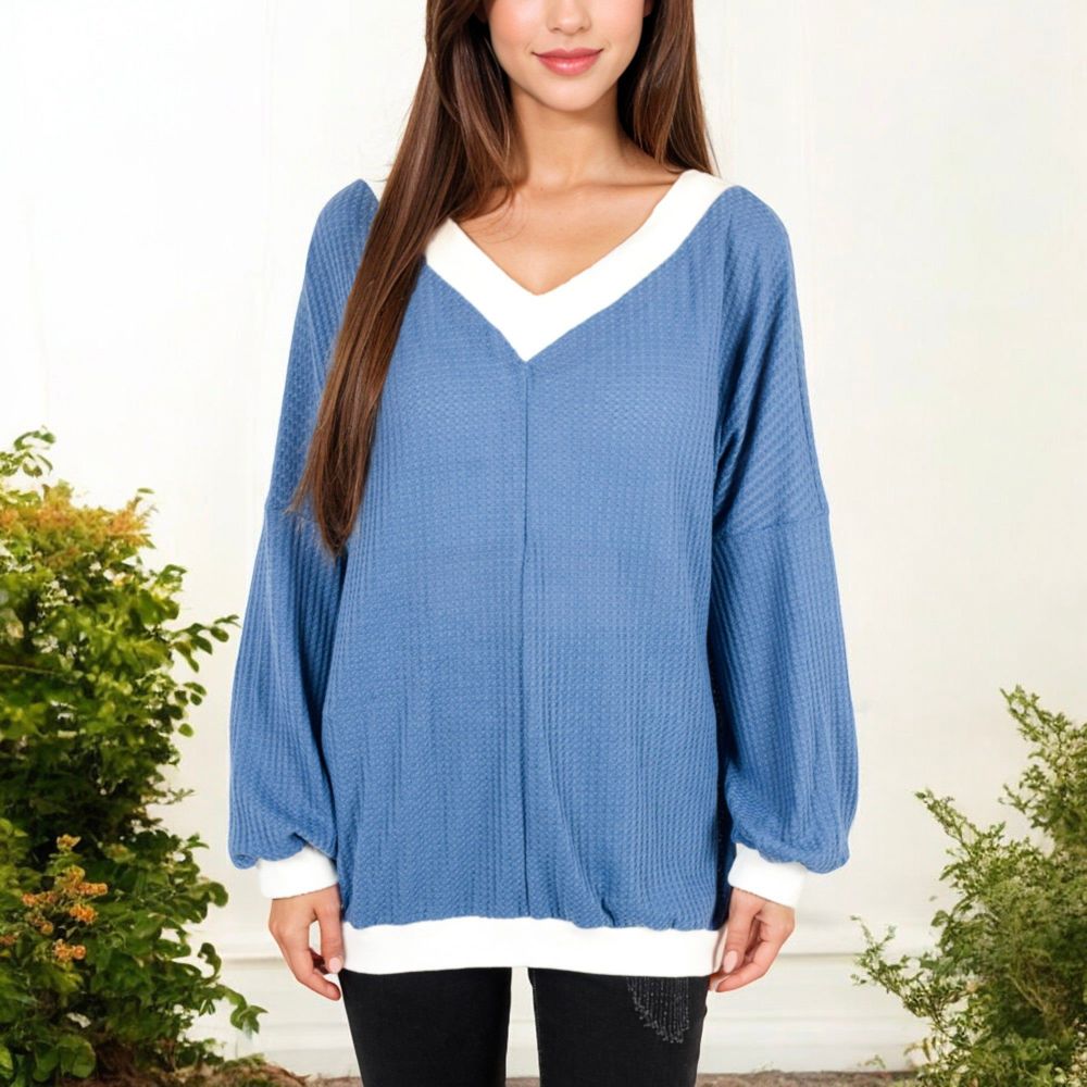 V-Neck Waffle Knit Long Sleeve Top with Contrast Trim and Relaxed Fit