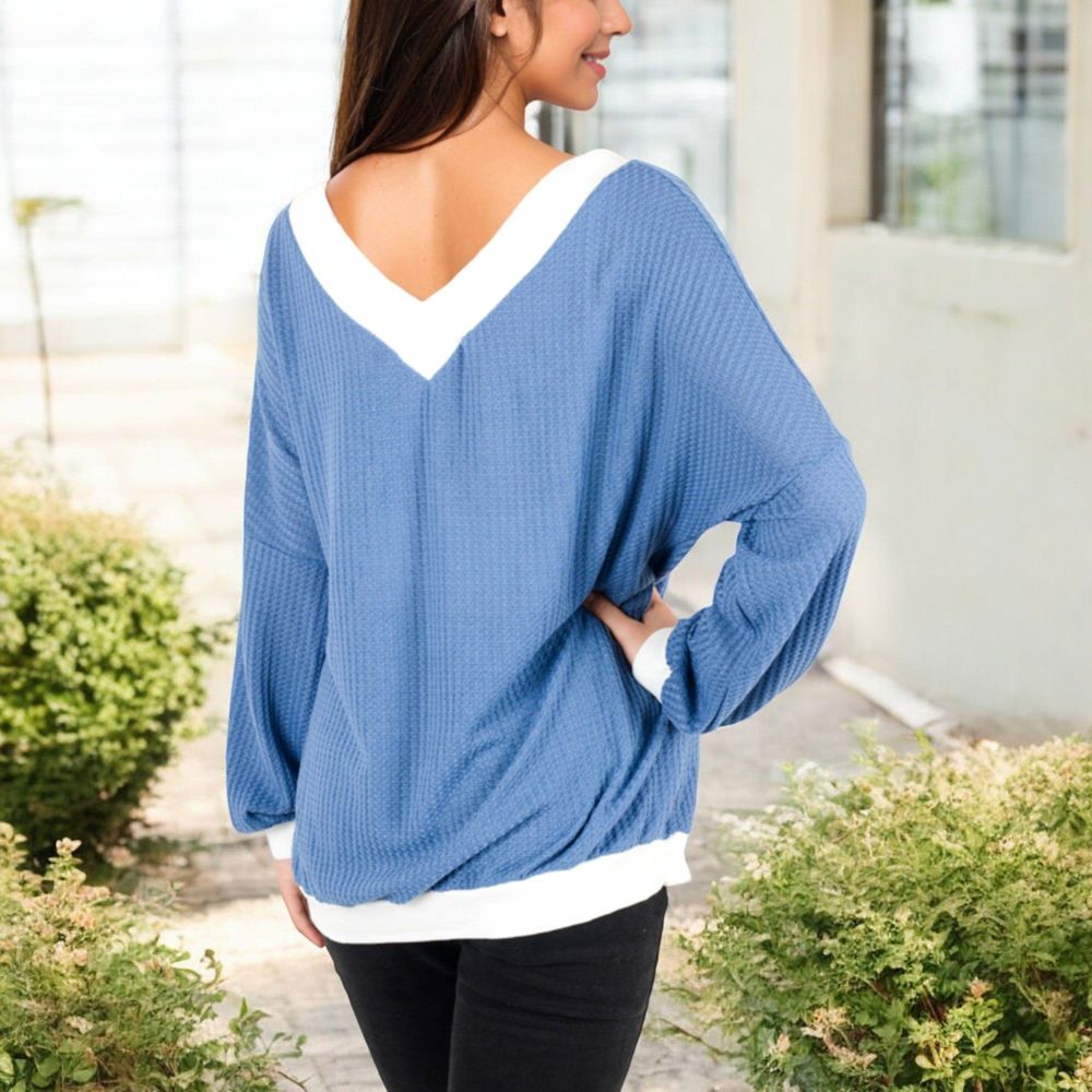 V-Neck Waffle Knit Long Sleeve Top with Contrast Trim and Relaxed Fit