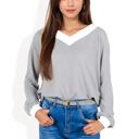 Gray Large V-Neck Waffle Knit Long Sleeve Top with Contrast Trim and Relaxed Fit