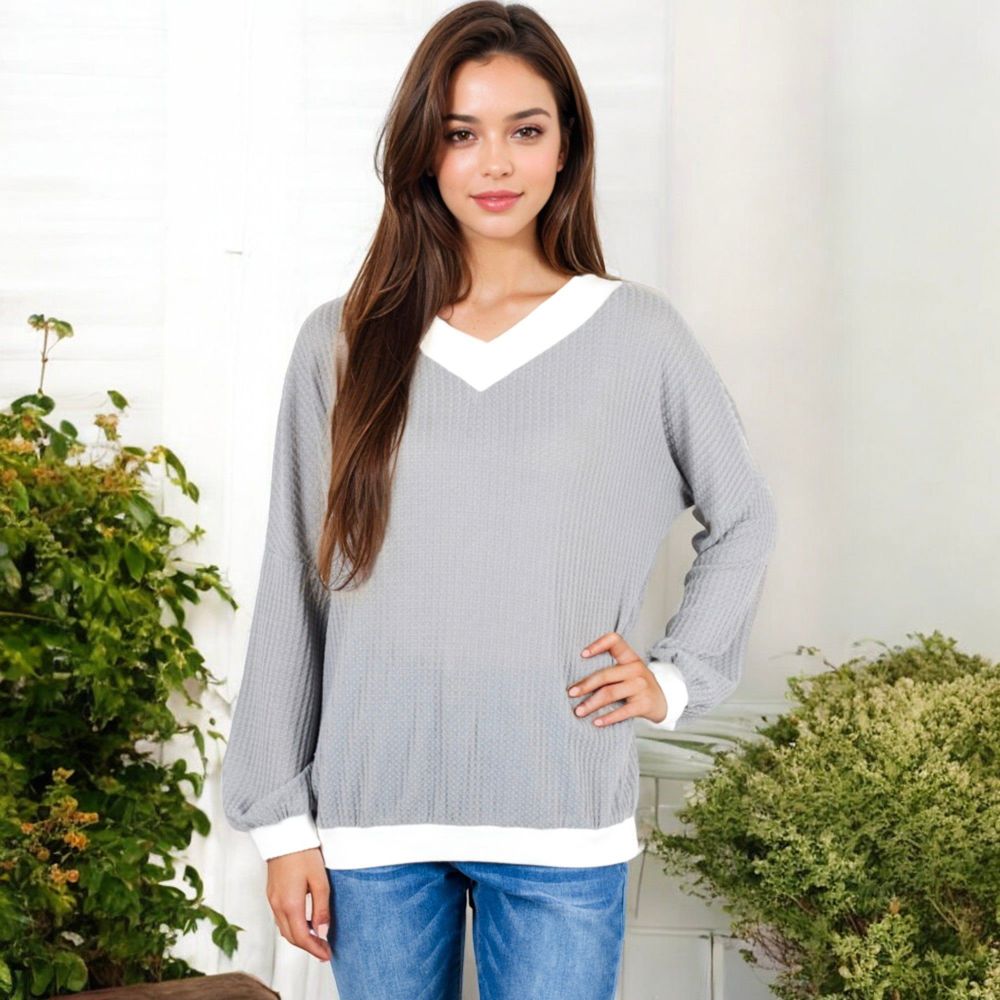 V-Neck Waffle Knit Long Sleeve Top with Contrast Trim and Relaxed Fit