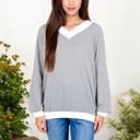 Gray Large V-Neck Waffle Knit Long Sleeve Top with Contrast Trim and Relaxed Fit