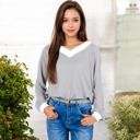 Gray Large V-Neck Waffle Knit Long Sleeve Top with Contrast Trim and Relaxed Fit