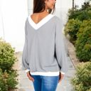 Gray Large V-Neck Waffle Knit Long Sleeve Top with Contrast Trim and Relaxed Fit