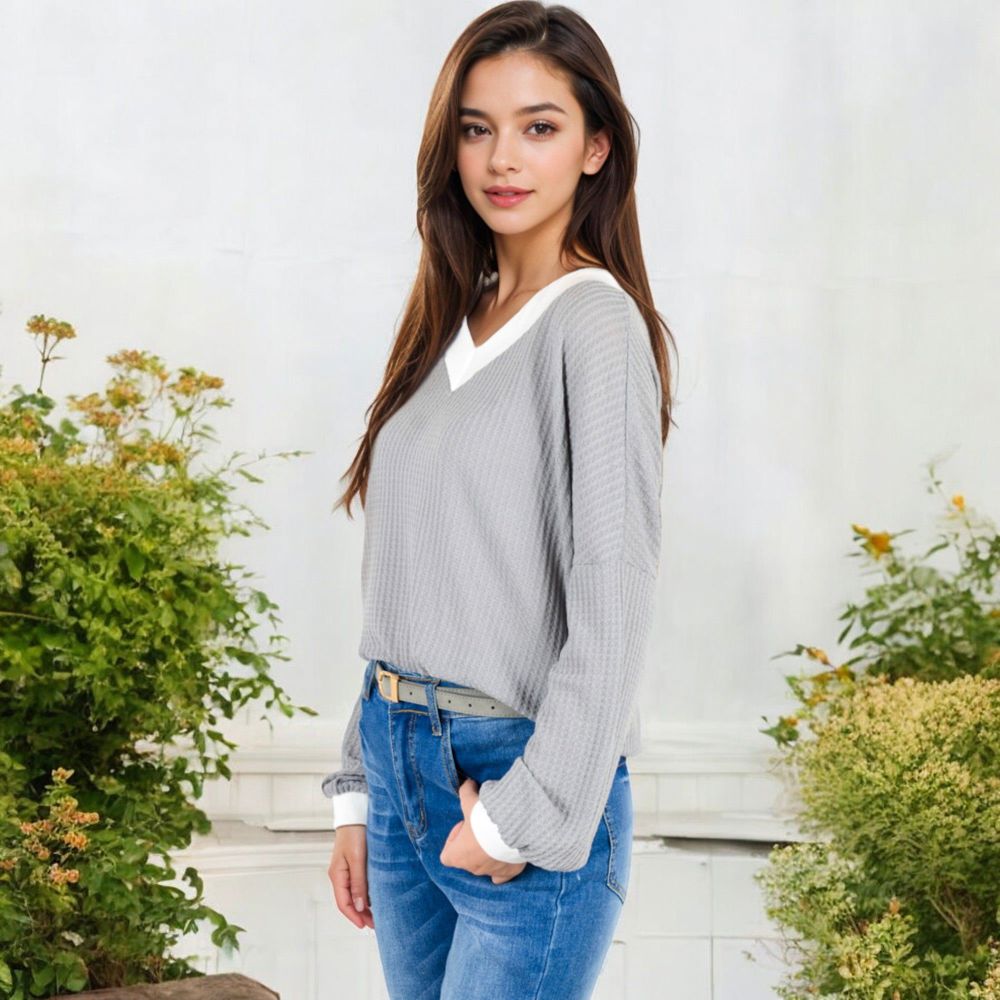 V-Neck Waffle Knit Long Sleeve Top with Contrast Trim and Relaxed Fit