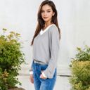 Gray Large V-Neck Waffle Knit Long Sleeve Top with Contrast Trim and Relaxed Fit