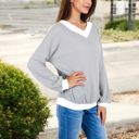 Gray Large V-Neck Waffle Knit Long Sleeve Top with Contrast Trim and Relaxed Fit